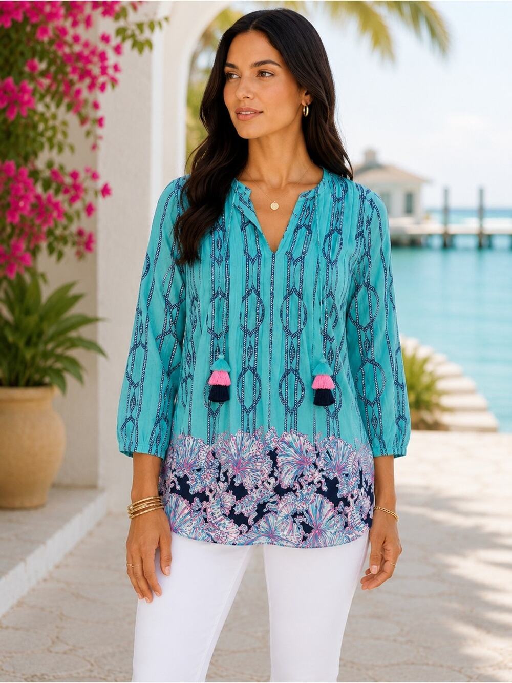 Lilly Pulitzer Marilina Tunic Top Aqua Frayed Knot Print Tassel Size XXS